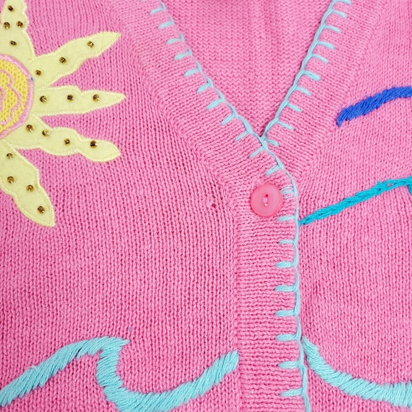Quacker Factory Beach Summer Seashore Themed Pink Cardigan Sweater Medium - Picture 9 of 14